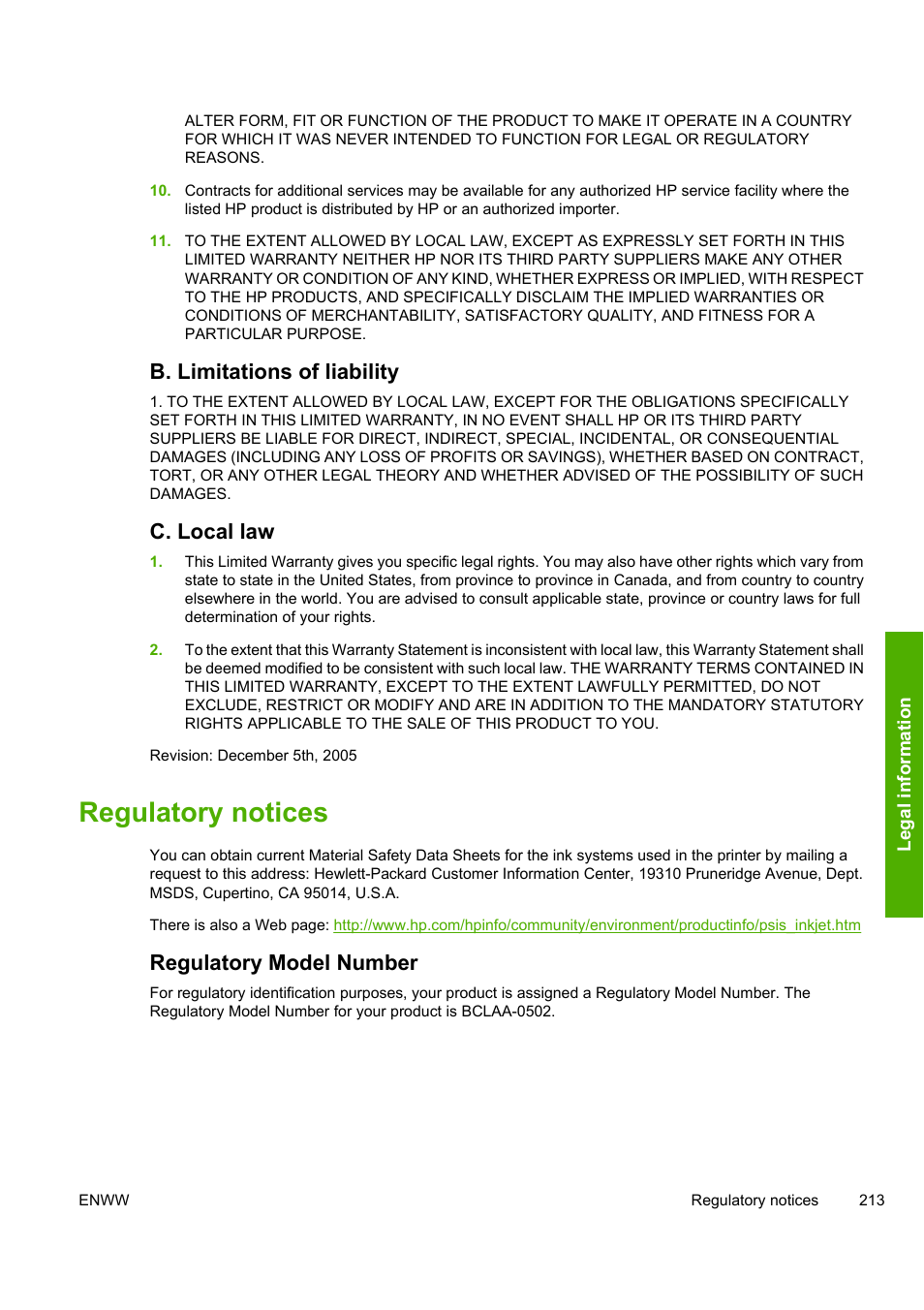 Regulatory notices, B. limitations of liability, C. local law | Regulatory model number | HP Designjet 8000 Printer series User Manual | Page 223 / 230