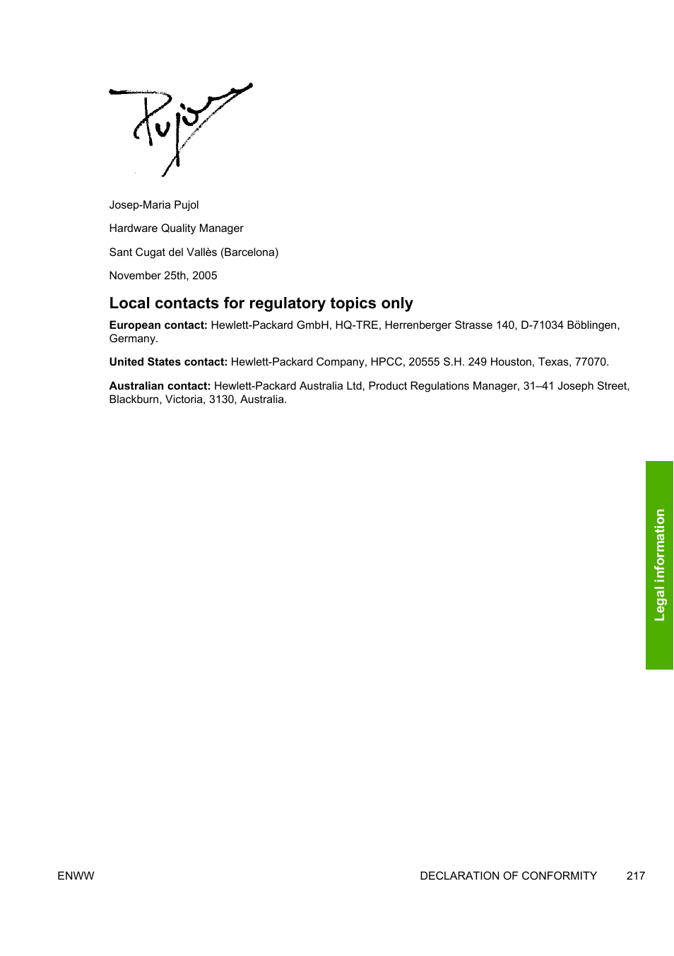 Local contacts for regulatory topics only | HP Designjet 8000 Printer series User Manual | Page 227 / 230