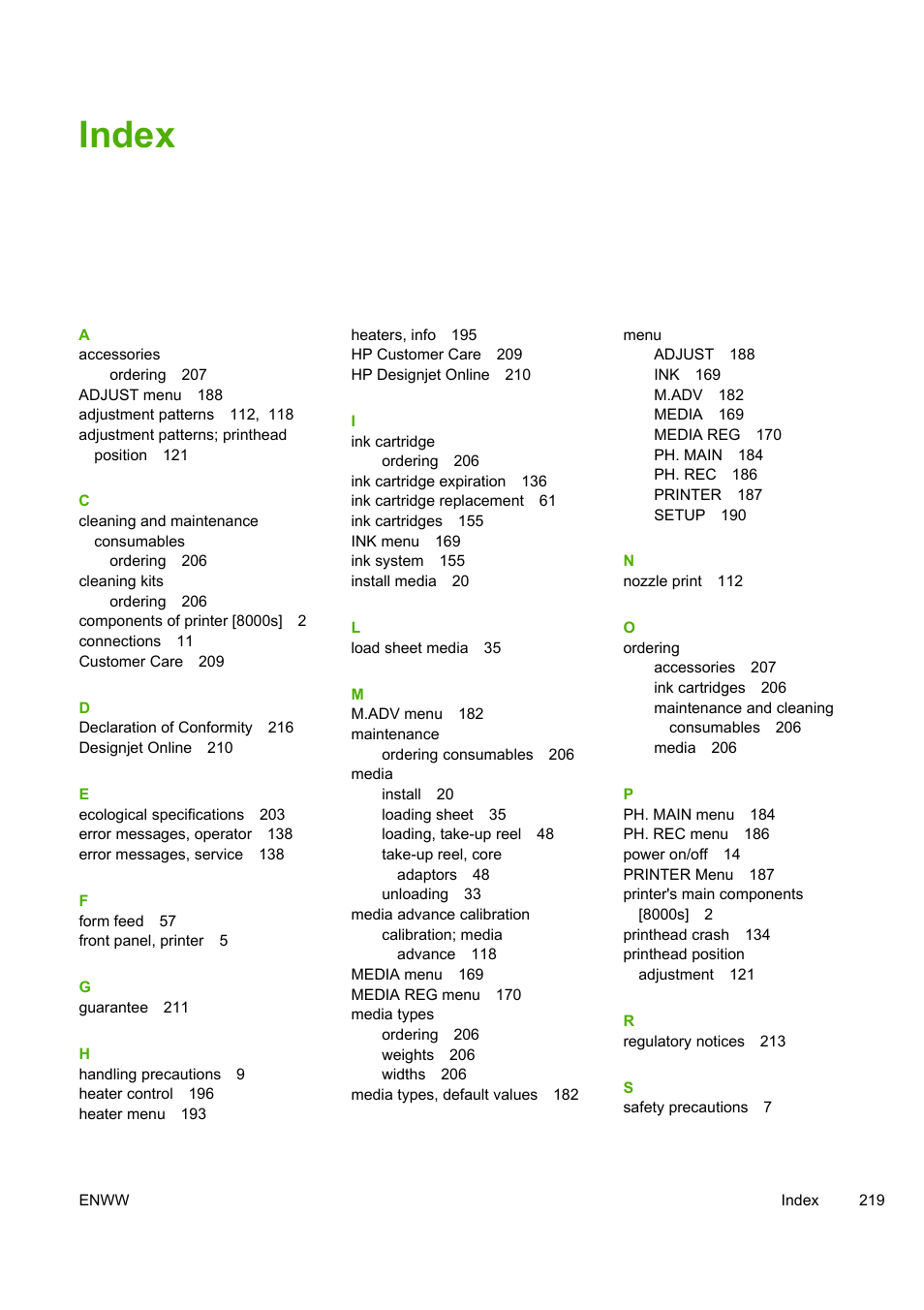 Index | HP Designjet 8000 Printer series User Manual | Page 229 / 230