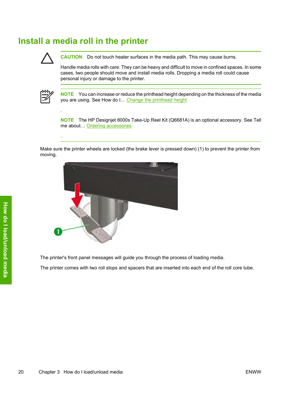 Install a media roll in the printer | HP Designjet 8000 Printer series User Manual | Page 30 / 230