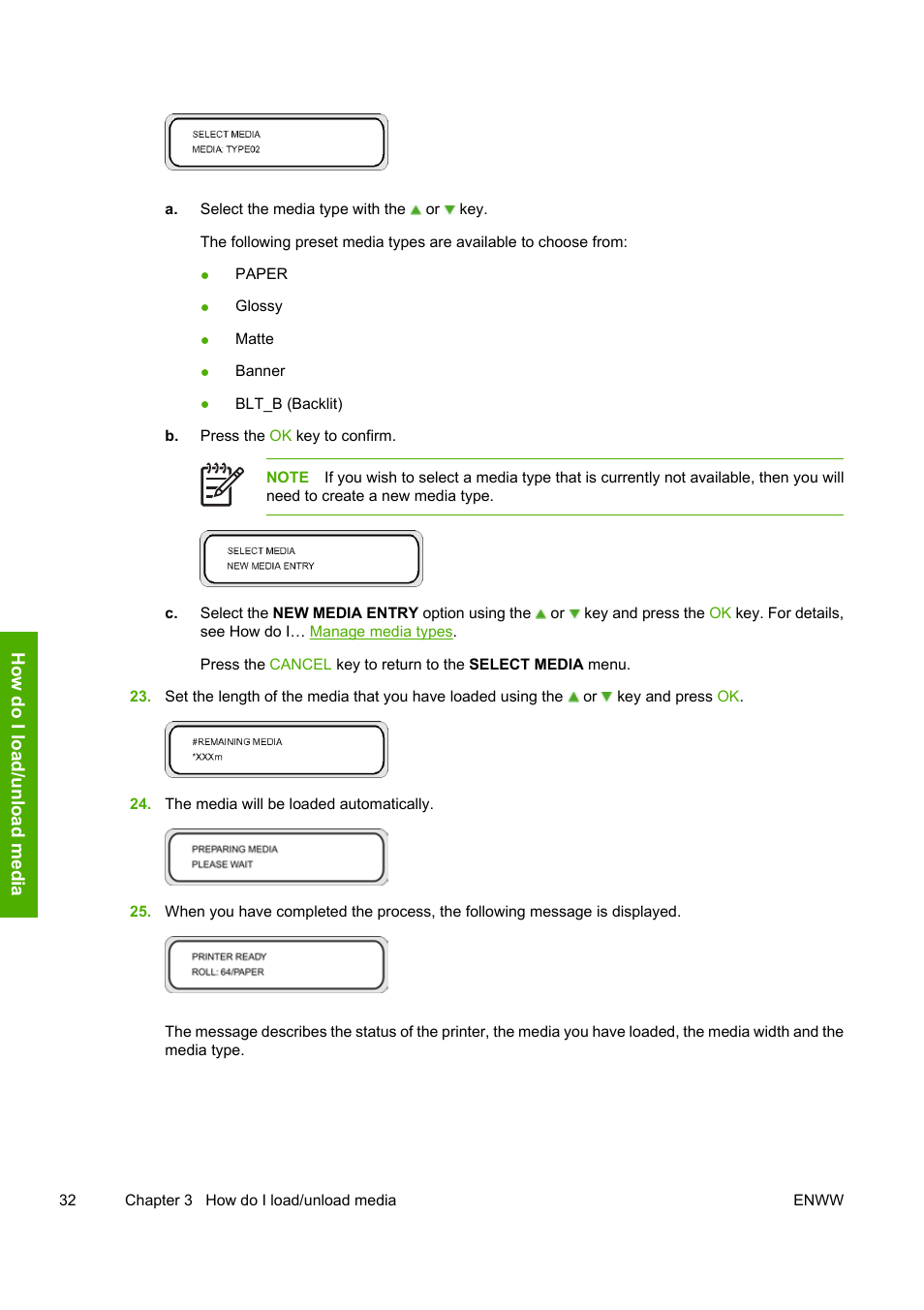 How do i load /u nlo ad m edi a | HP Designjet 8000 Printer series User Manual | Page 42 / 230