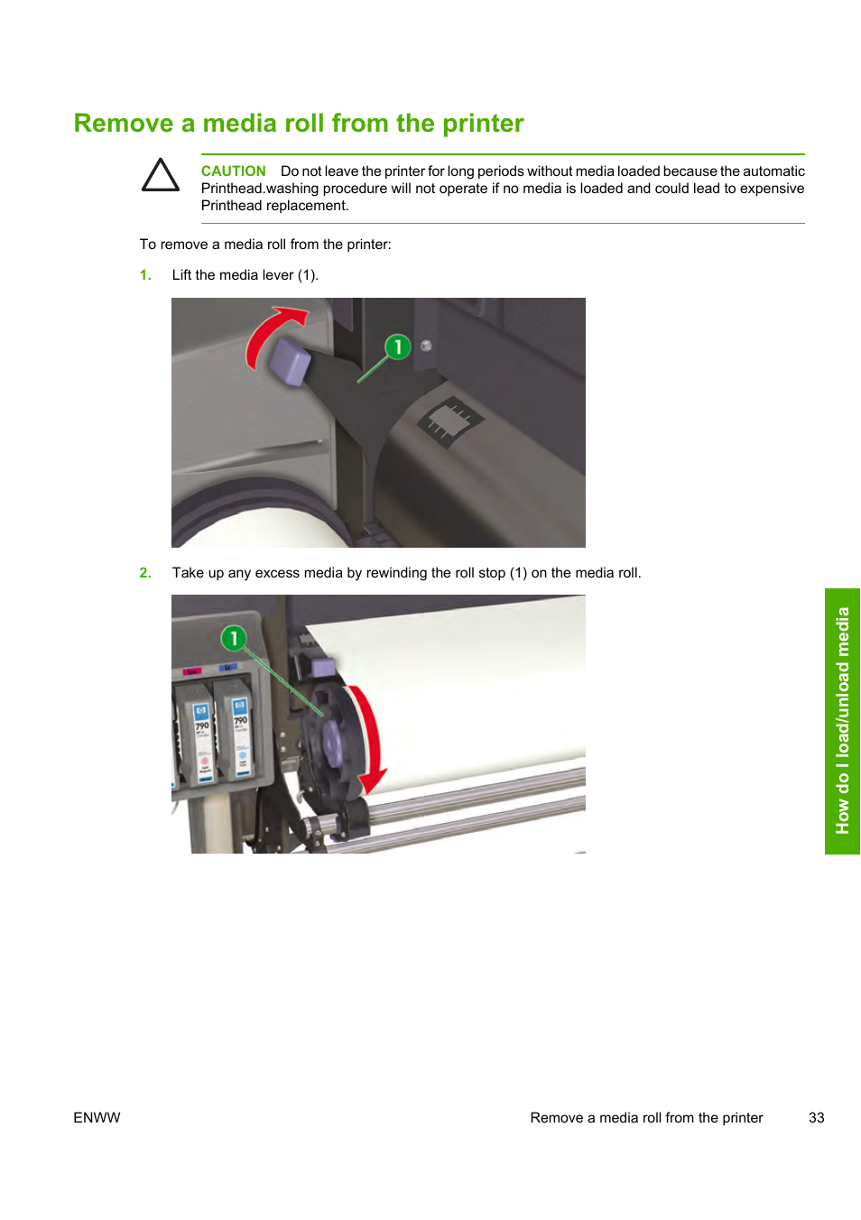 Remove a media roll from the printer | HP Designjet 8000 Printer series User Manual | Page 43 / 230