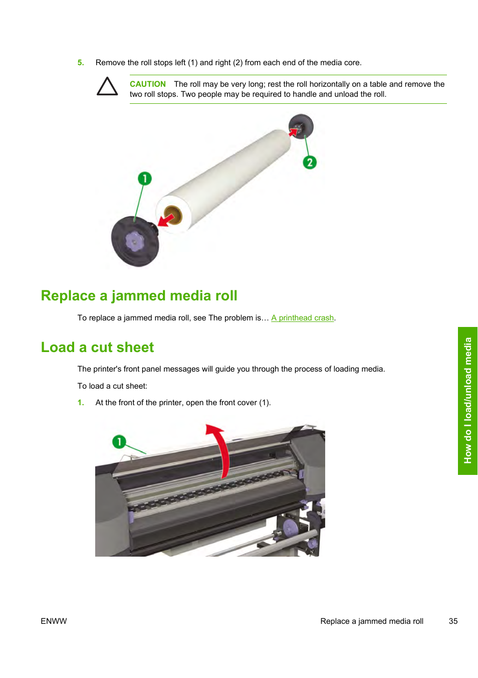 Replace a jammed media roll, Load a cut sheet | HP Designjet 8000 Printer series User Manual | Page 45 / 230