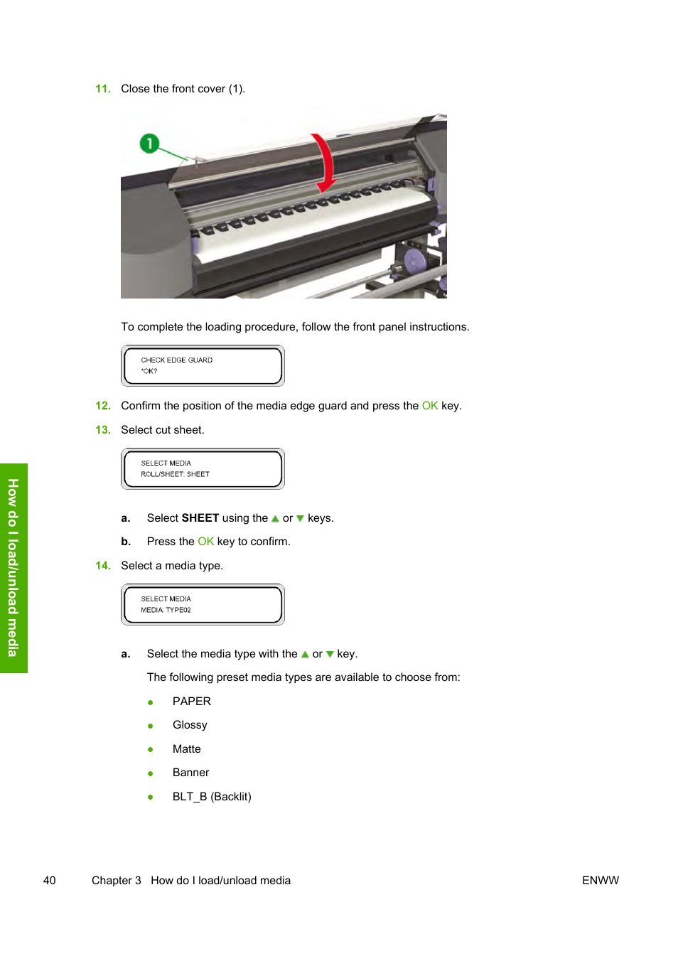How do i load /u nlo ad m edi a | HP Designjet 8000 Printer series User Manual | Page 50 / 230