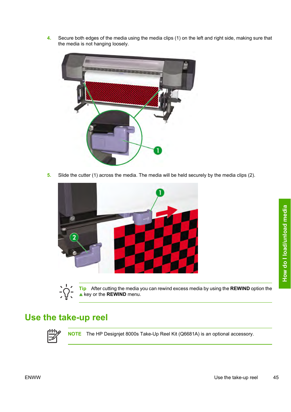 Use the take-up reel | HP Designjet 8000 Printer series User Manual | Page 55 / 230