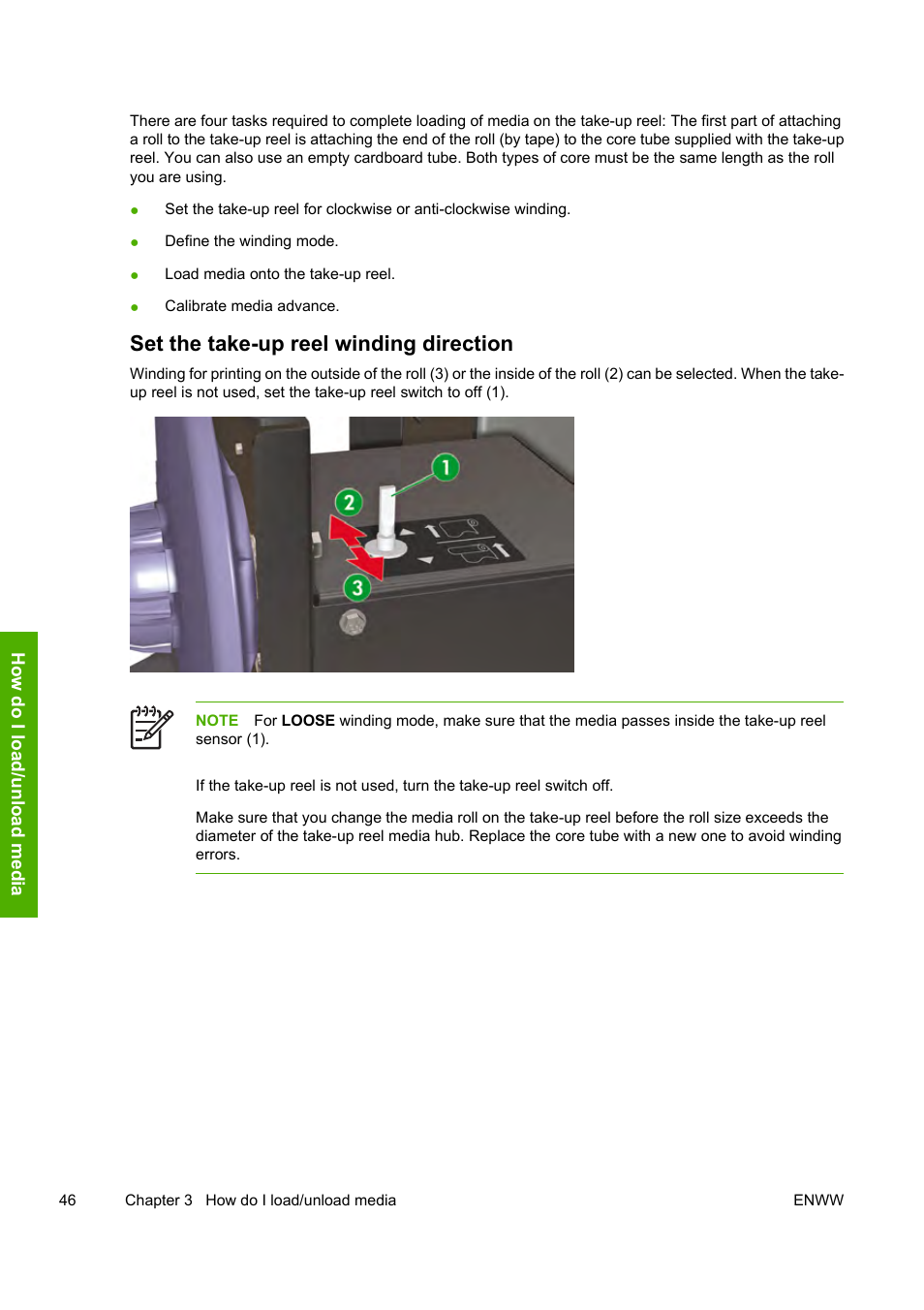 Set the take-up reel winding direction | HP Designjet 8000 Printer series User Manual | Page 56 / 230