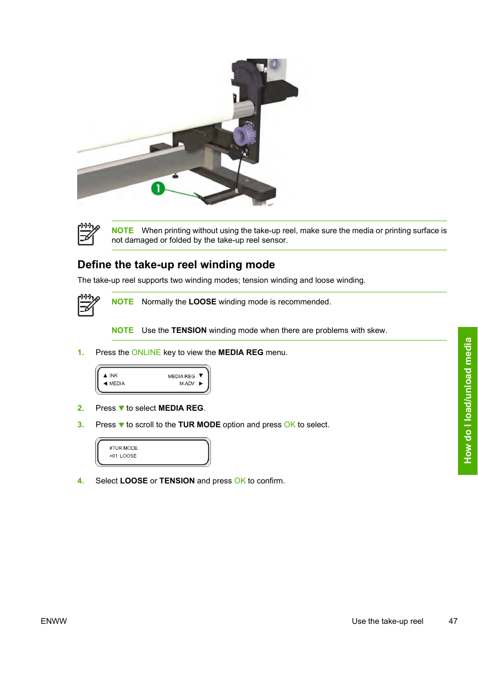 Define the take-up reel winding mode | HP Designjet 8000 Printer series User Manual | Page 57 / 230