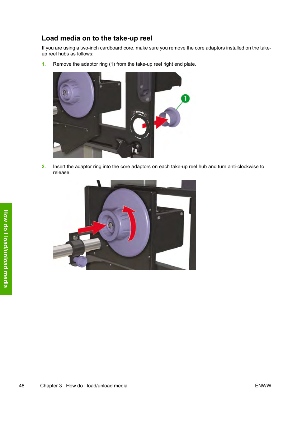 Load media on to the take-up reel | HP Designjet 8000 Printer series User Manual | Page 58 / 230