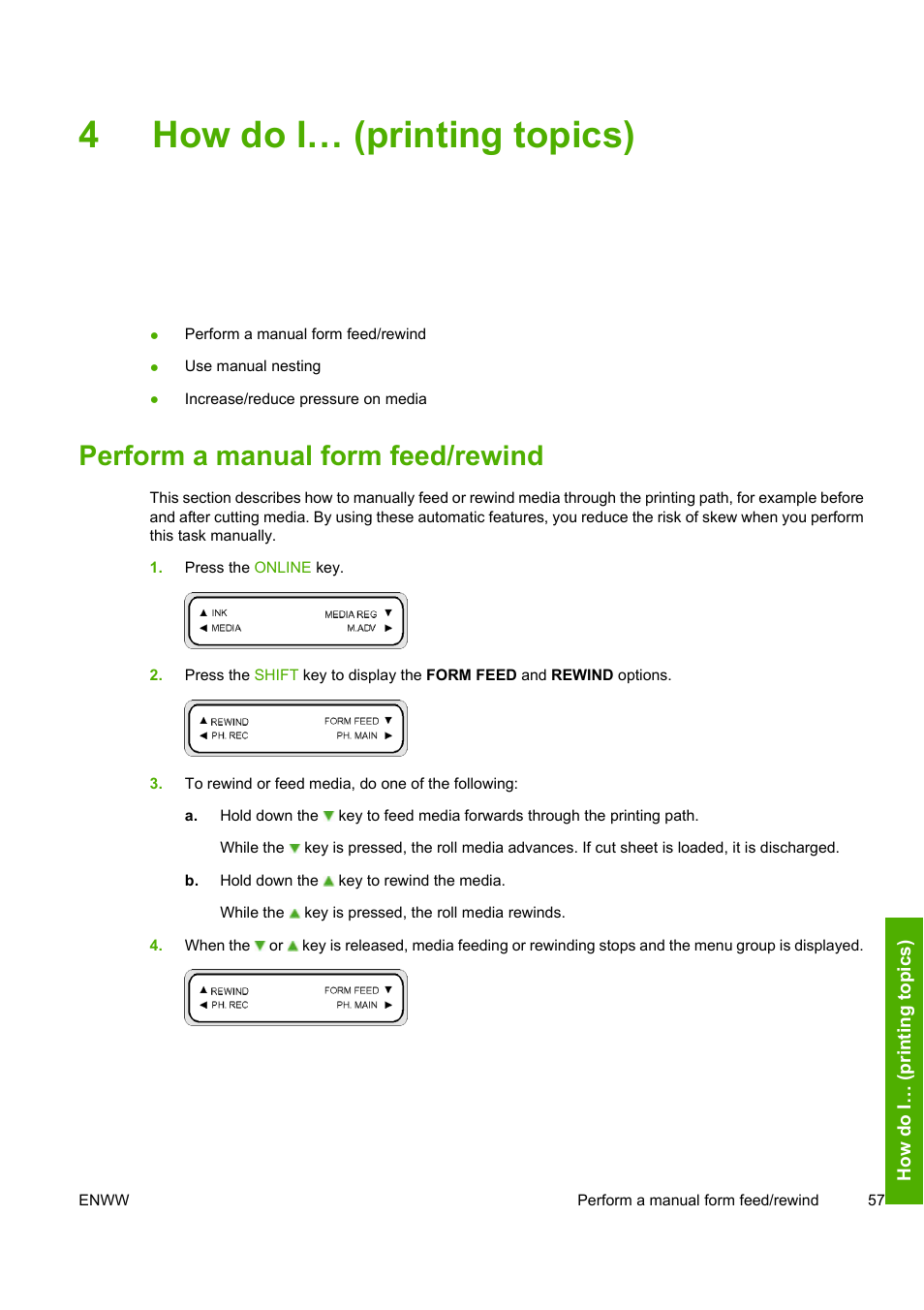 4how do i… (printing topics), Perform a manual form feed/rewind | HP Designjet 8000 Printer series User Manual | Page 67 / 230