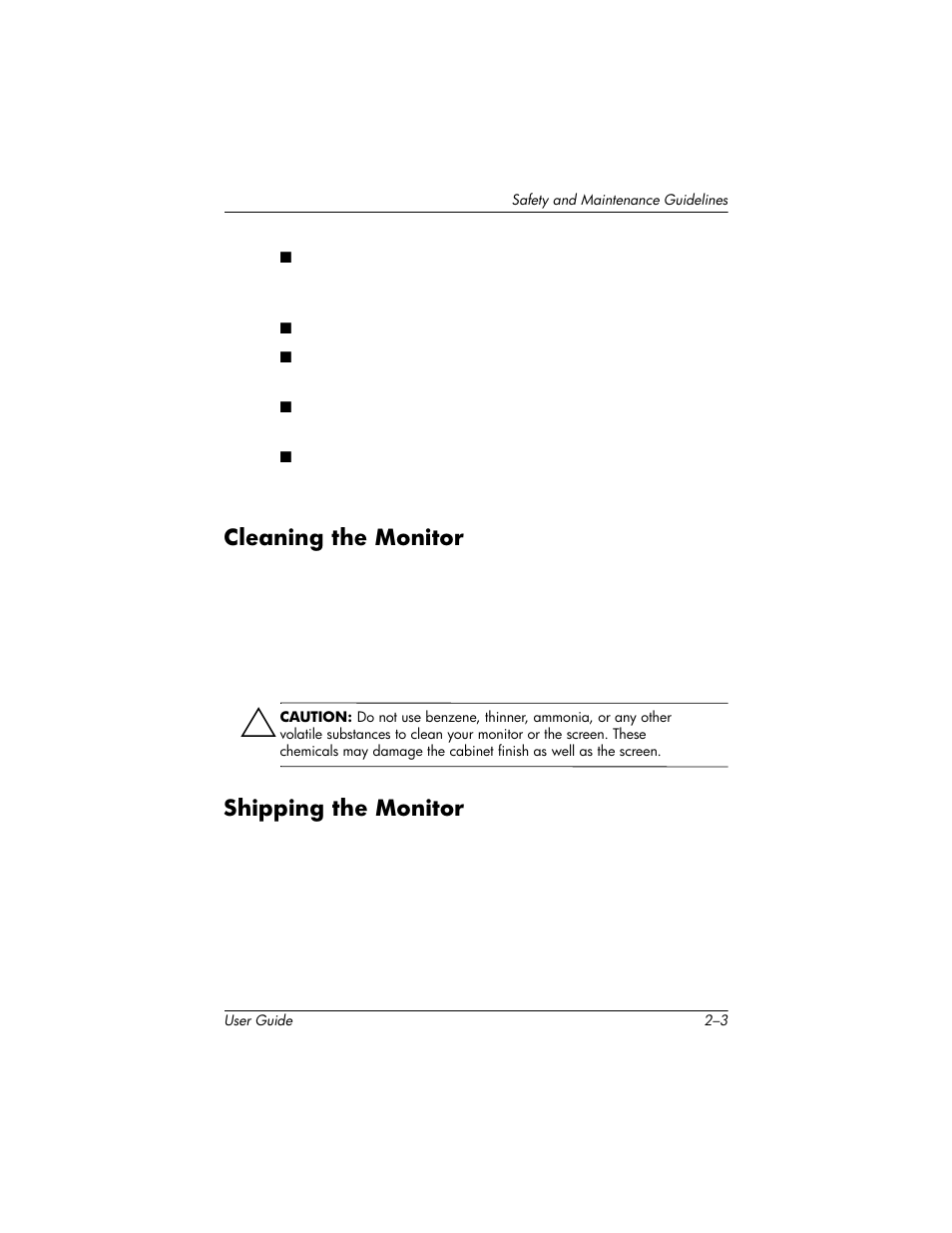 Cleaning the monitor, Shipping the monitor, Cleaning the monitor –3 shipping the monitor –3 | HP LP2465 24-inch Widescreen LCD Monitor User Manual | Page 11 / 76