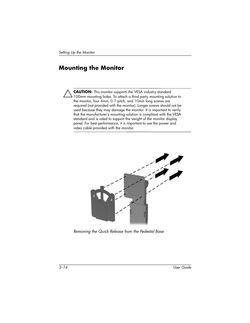 Mounting the monitor, Mounting the monitor –14 | HP LP2465 24-inch Widescreen LCD Monitor User Manual | Page 26 / 76
