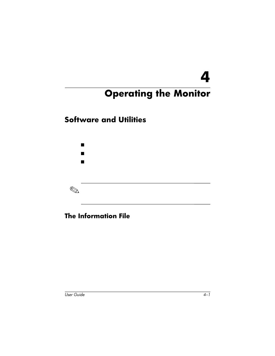 Operating the monitor, Software and utilities, The information file | 4 operating the monitor, Software and utilities –1, The information file –1 | HP LP2465 24-inch Widescreen LCD Monitor User Manual | Page 31 / 76