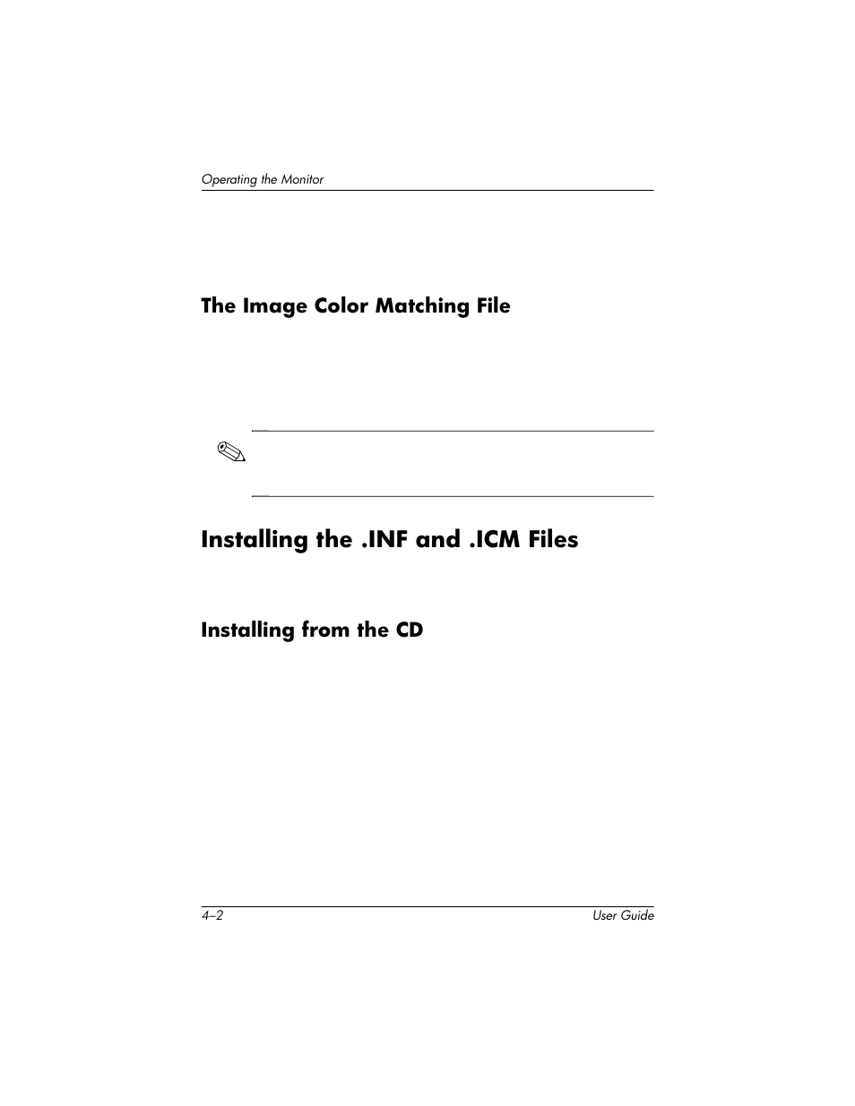 The image color matching file, Installing the .inf and .icm files, Installing from the cd | The image color matching file –2, Installing the .inf and .icm files –2, Installing from the cd –2 | HP LP2465 24-inch Widescreen LCD Monitor User Manual | Page 32 / 76