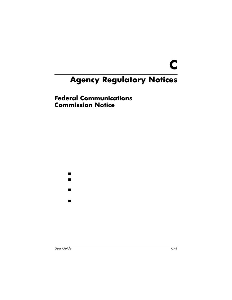 Agency regulatory notices, Federal communications commission notice, C agency regulatory notices | HP LP2465 24-inch Widescreen LCD Monitor User Manual | Page 69 / 76