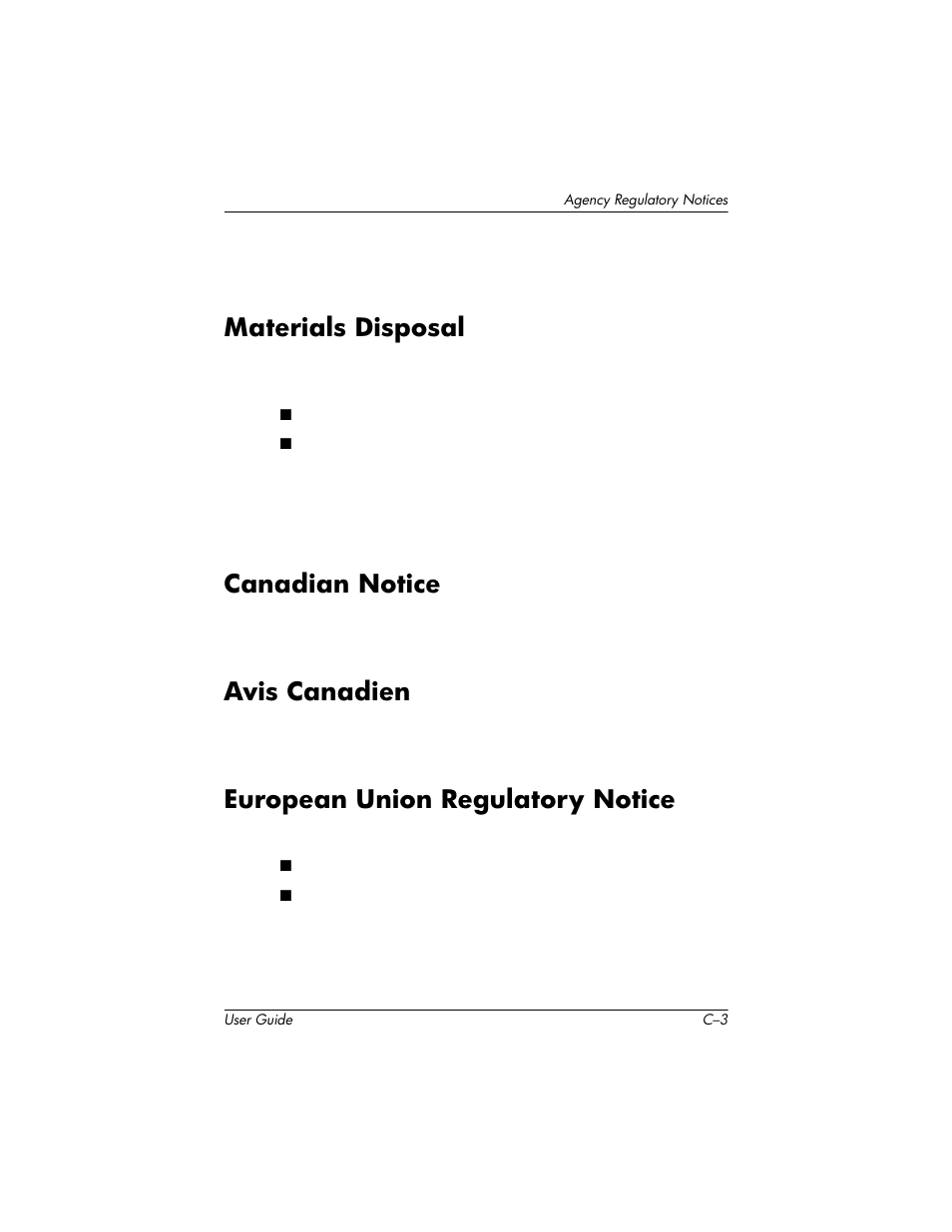 Materials disposal, Canadian notice, Avis canadien | European union regulatory notice | HP LP2465 24-inch Widescreen LCD Monitor User Manual | Page 71 / 76
