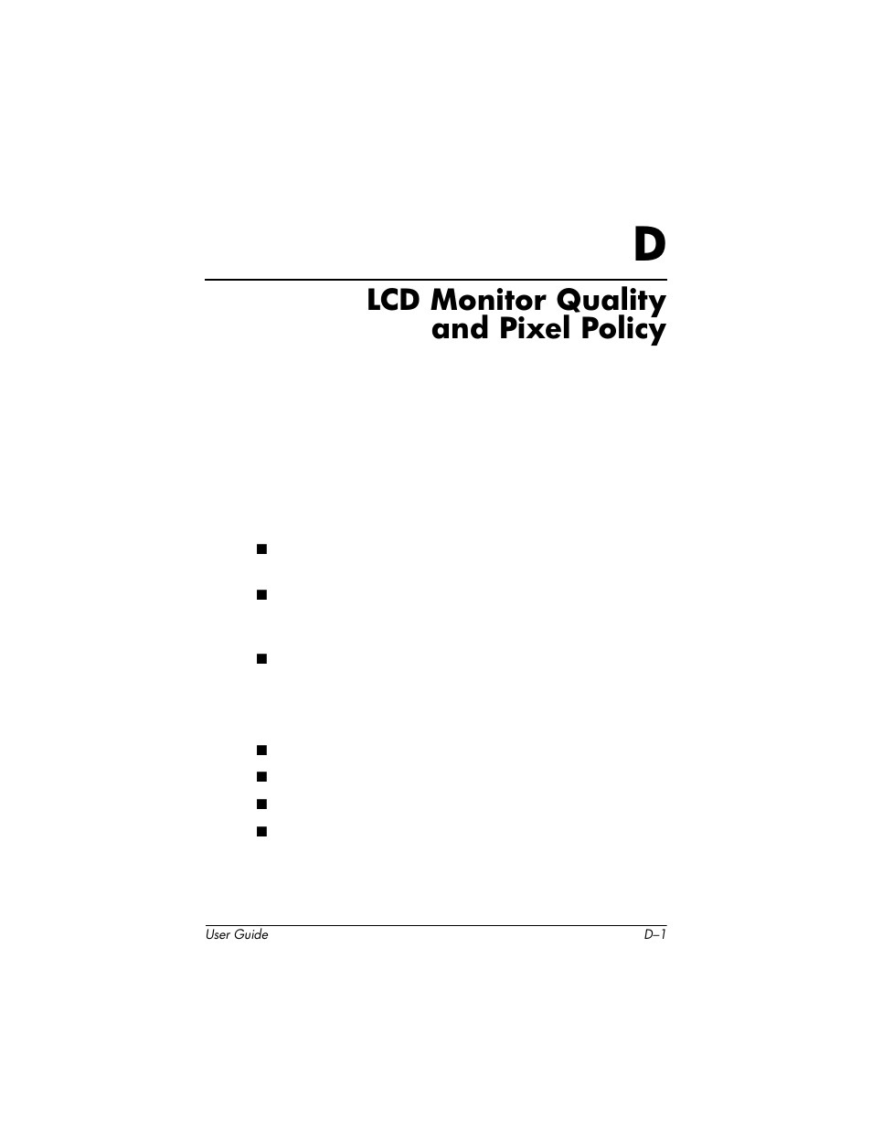 Lcd monitor quality and pixel policy, D lcd monitor quality and pixel policy | HP LP2465 24-inch Widescreen LCD Monitor User Manual | Page 75 / 76