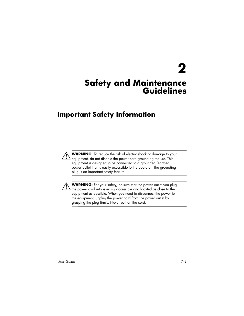 Safety and maintenance guidelines, Important safety information, 2 safety and maintenance guidelines | Important safety information –1 | HP LP2465 24-inch Widescreen LCD Monitor User Manual | Page 9 / 76