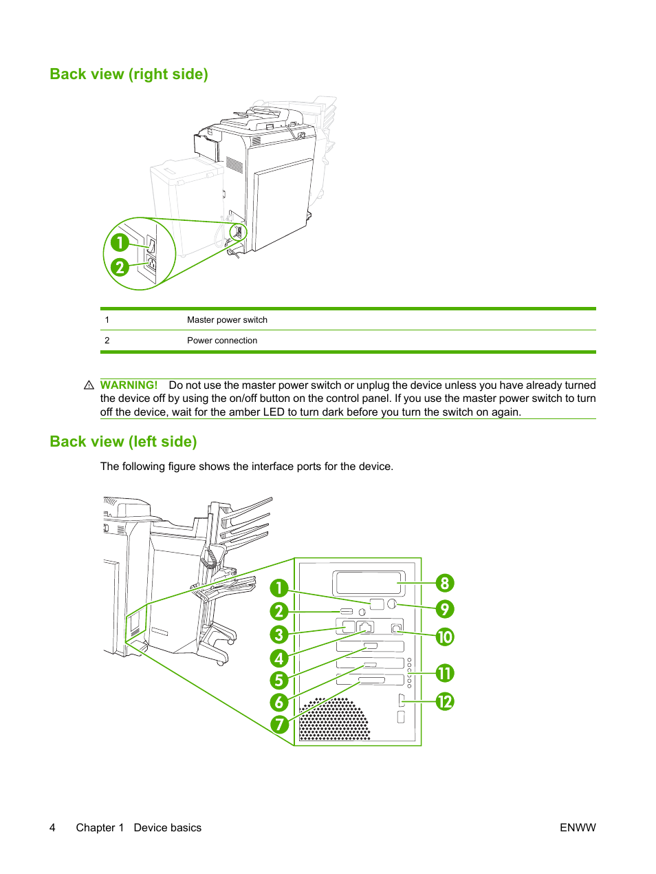 Back view (right side), Back view (left side), Back view (right side) back view (left side) | HP CM8000 Color Multifunction Printer series User Manual | Page 12 / 104