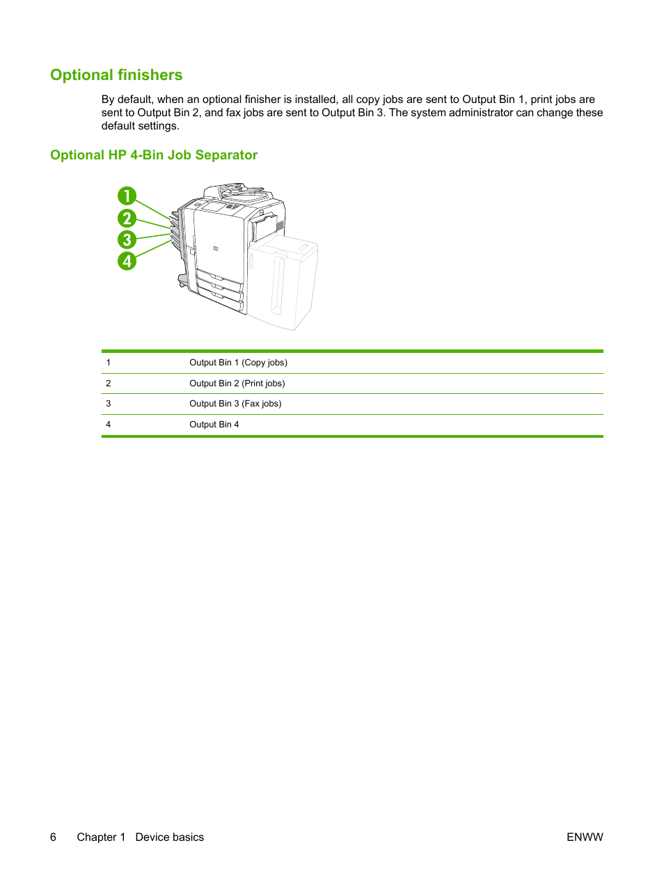 Optional finishers, Optional hp 4-bin job separator | HP CM8000 Color Multifunction Printer series User Manual | Page 14 / 104