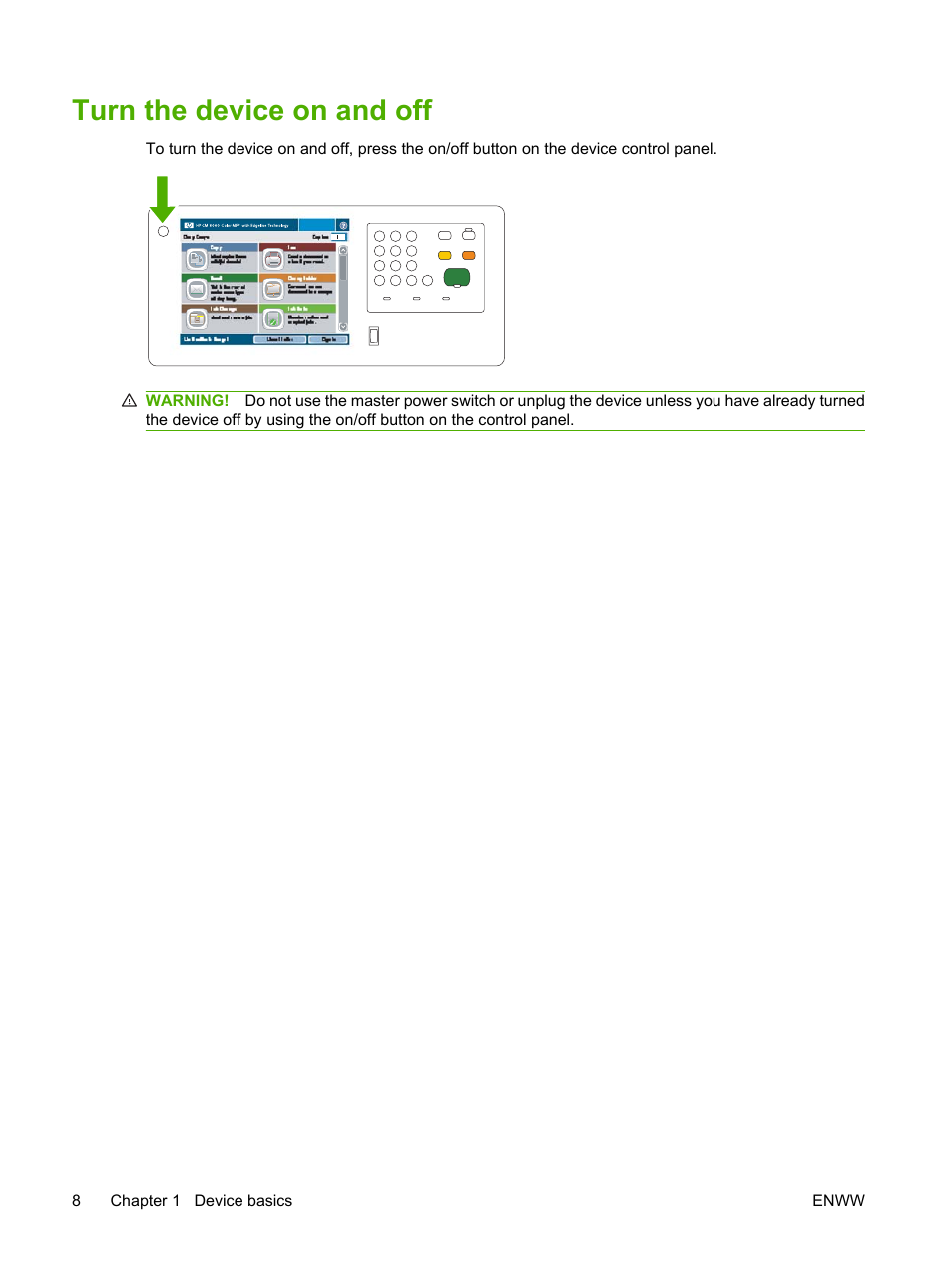 Turn the device on and off | HP CM8000 Color Multifunction Printer series User Manual | Page 16 / 104