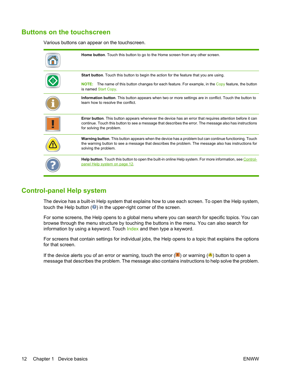 Buttons on the touchscreen, Control-panel help system | HP CM8000 Color Multifunction Printer series User Manual | Page 20 / 104