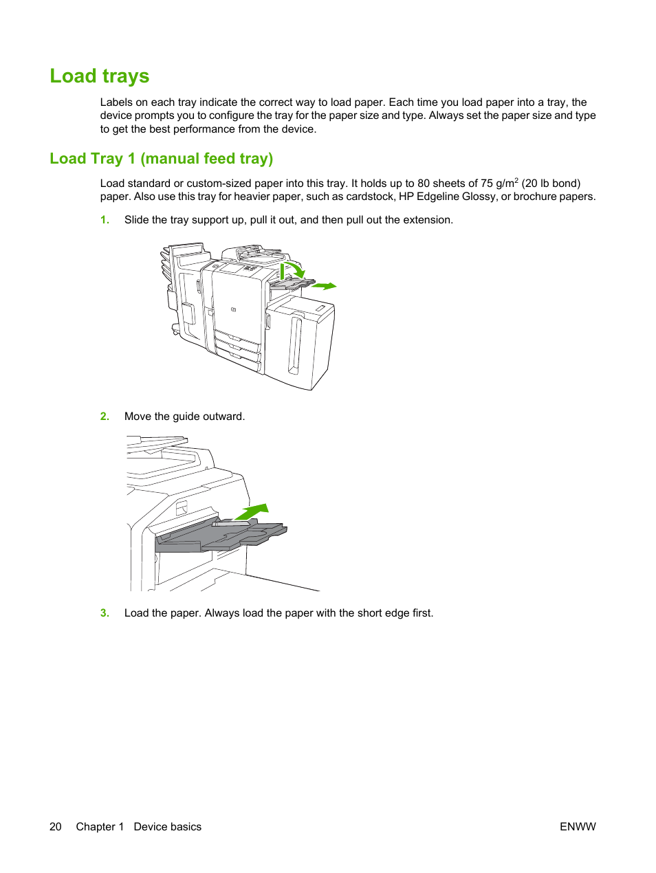 Load trays, Load tray 1 (manual feed tray) | HP CM8000 Color Multifunction Printer series User Manual | Page 28 / 104