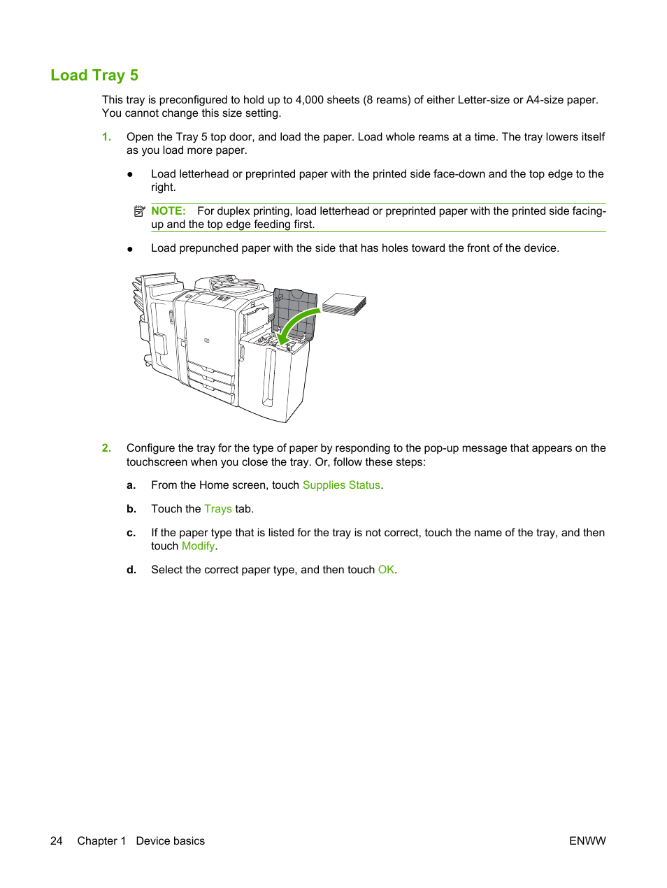 Load tray 5 | HP CM8000 Color Multifunction Printer series User Manual | Page 32 / 104
