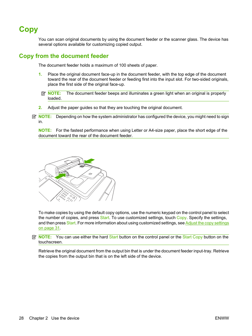Copy, Copy from the document feeder | HP CM8000 Color Multifunction Printer series User Manual | Page 36 / 104