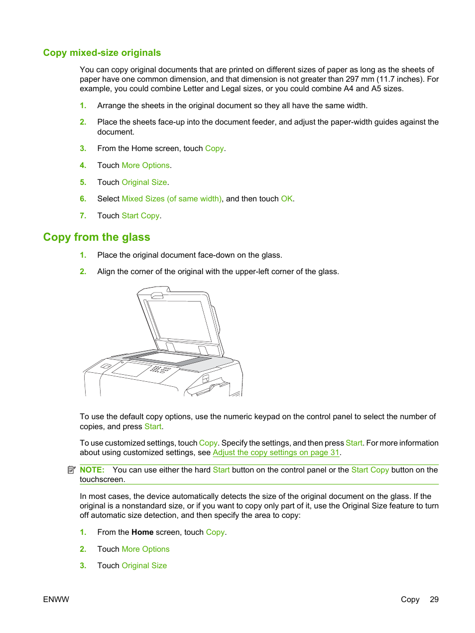 Copy mixed-size originals, Copy from the glass | HP CM8000 Color Multifunction Printer series User Manual | Page 37 / 104