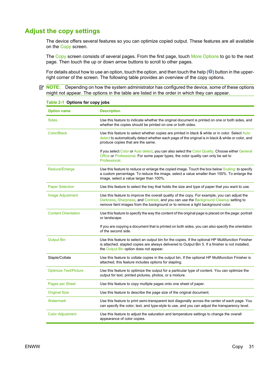 Adjust the copy settings | HP CM8000 Color Multifunction Printer series User Manual | Page 39 / 104