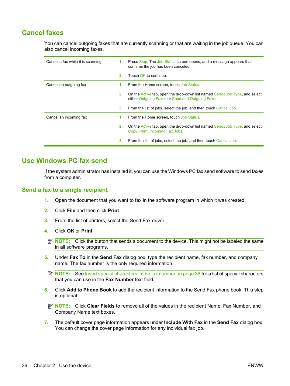 Cancel faxes, Use windows pc fax send, Send a fax to a single recipient | Cancel faxes use windows pc fax send | HP CM8000 Color Multifunction Printer series User Manual | Page 44 / 104