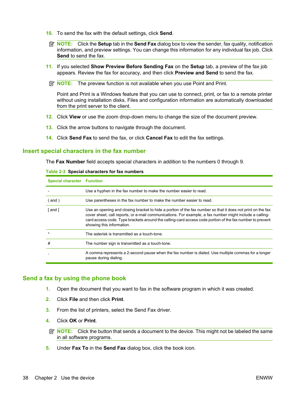 Insert special characters in the fax number, Send a fax by using the phone book | HP CM8000 Color Multifunction Printer series User Manual | Page 46 / 104