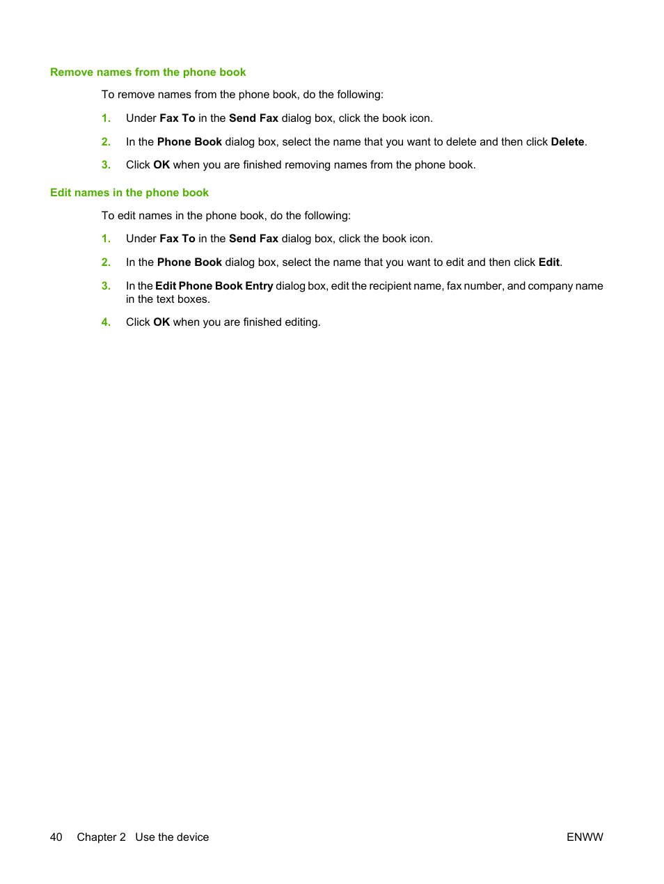 Remove names from the phone book, Edit names in the phone book | HP CM8000 Color Multifunction Printer series User Manual | Page 48 / 104
