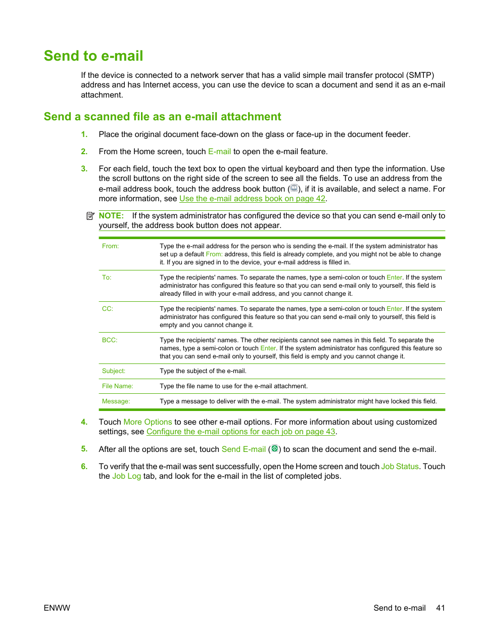 Send to e-mail, Send a scanned file as an e-mail attachment | HP CM8000 Color Multifunction Printer series User Manual | Page 49 / 104