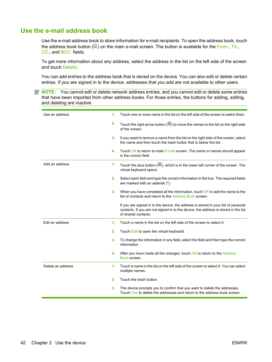 Use the e-mail address book | HP CM8000 Color Multifunction Printer series User Manual | Page 50 / 104