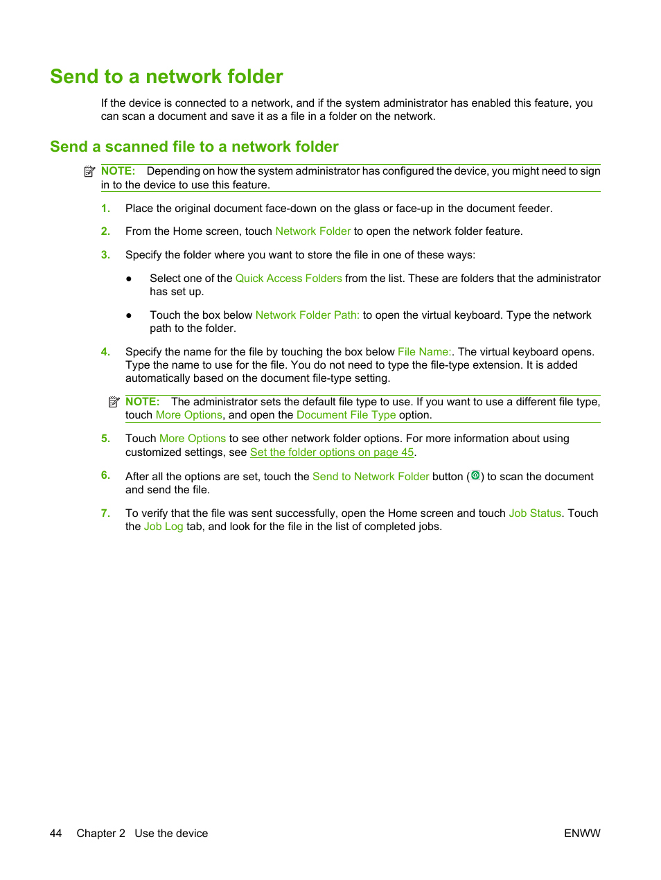 Send to a network folder, Send a scanned file to a network folder | HP CM8000 Color Multifunction Printer series User Manual | Page 52 / 104