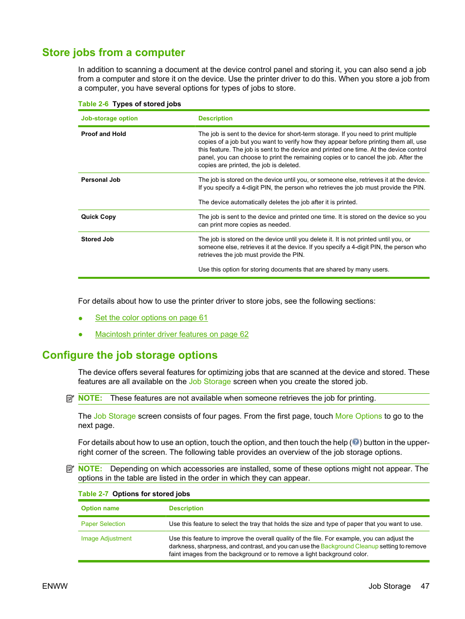Store jobs from a computer, Configure the job storage options | HP CM8000 Color Multifunction Printer series User Manual | Page 55 / 104