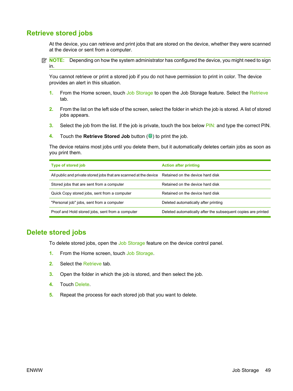 Retrieve stored jobs, Delete stored jobs, Retrieve stored jobs delete stored jobs | HP CM8000 Color Multifunction Printer series User Manual | Page 57 / 104