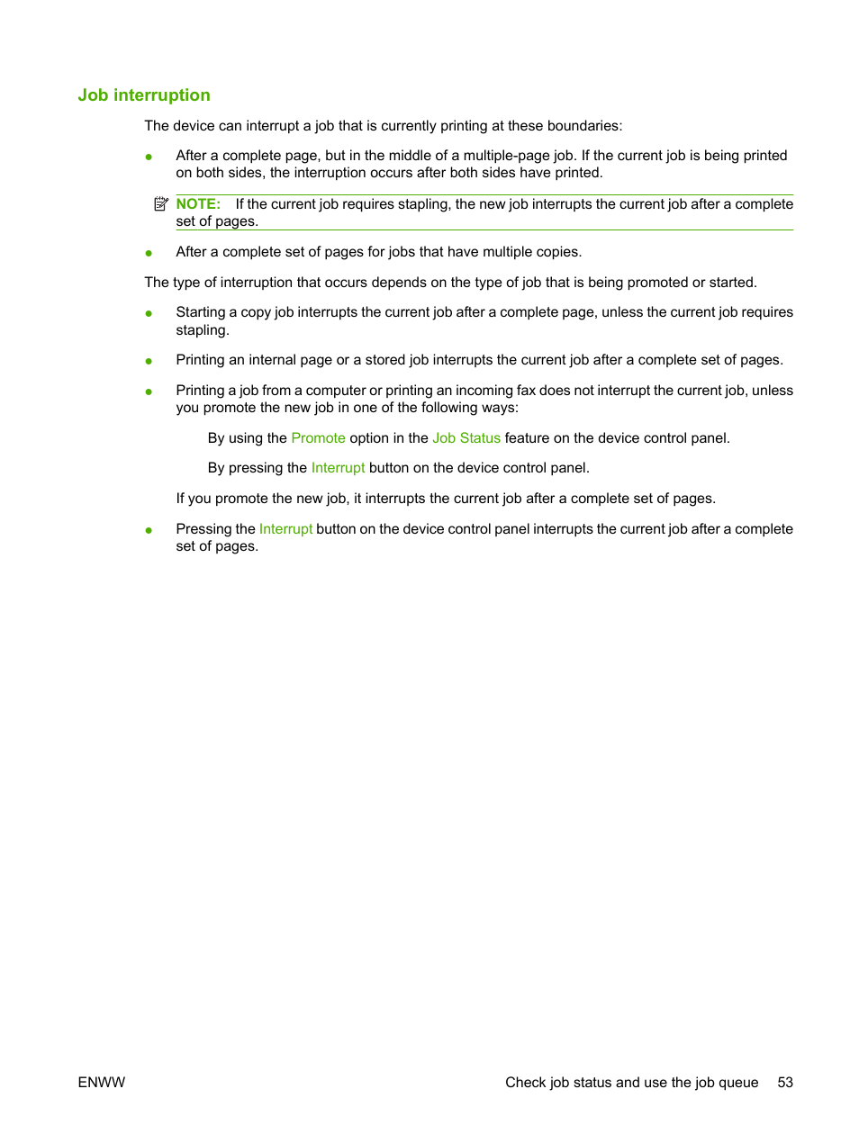 Job interruption | HP CM8000 Color Multifunction Printer series User Manual | Page 61 / 104