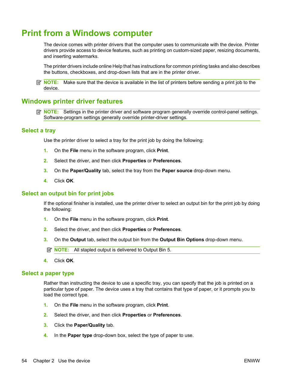 Print from a windows computer, Windows printer driver features, Select a tray | Select an output bin for print jobs, Select a paper type | HP CM8000 Color Multifunction Printer series User Manual | Page 62 / 104