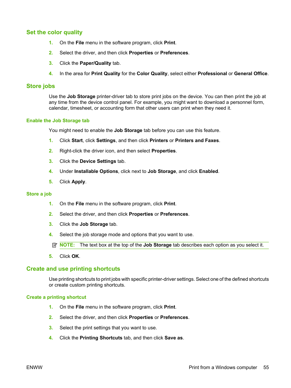 Set the color quality, Store jobs, Create and use printing shortcuts | HP CM8000 Color Multifunction Printer series User Manual | Page 63 / 104