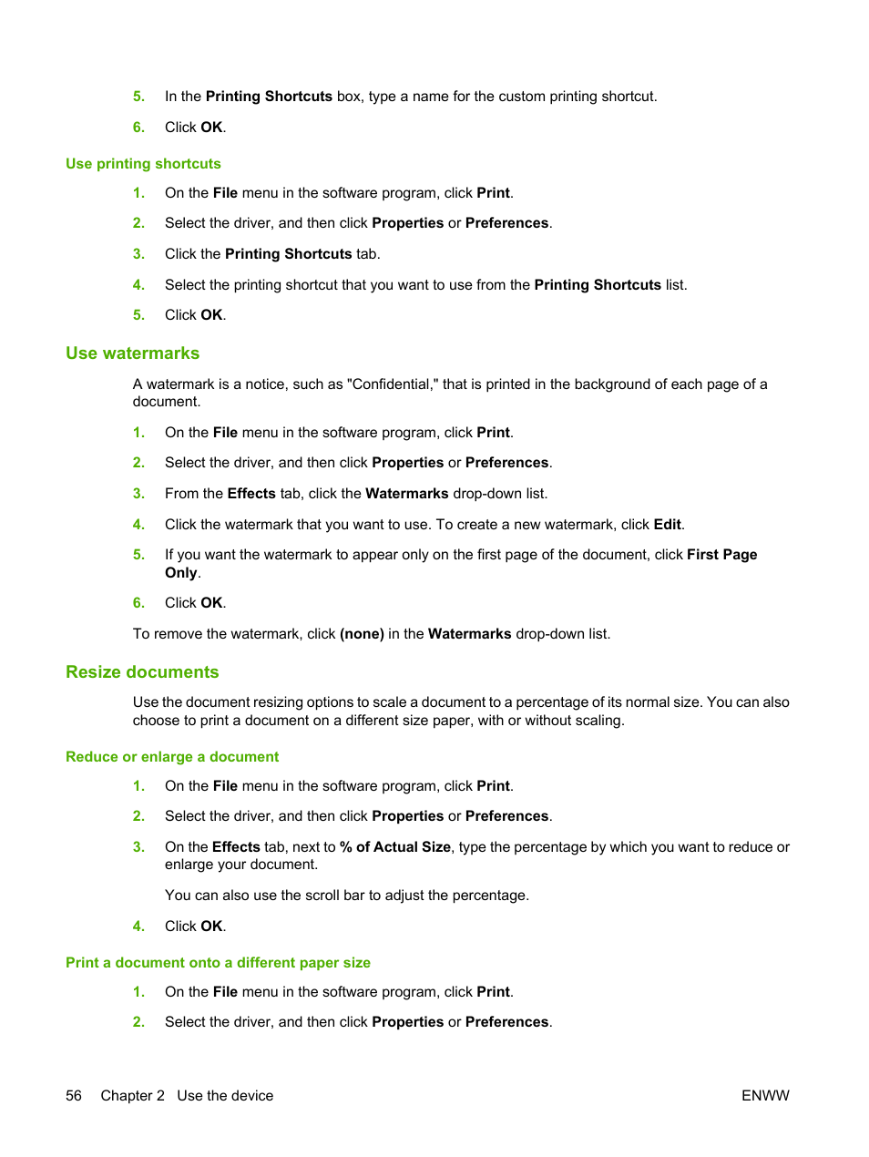 Use watermarks, Resize documents, Use watermarks resize documents | HP CM8000 Color Multifunction Printer series User Manual | Page 64 / 104