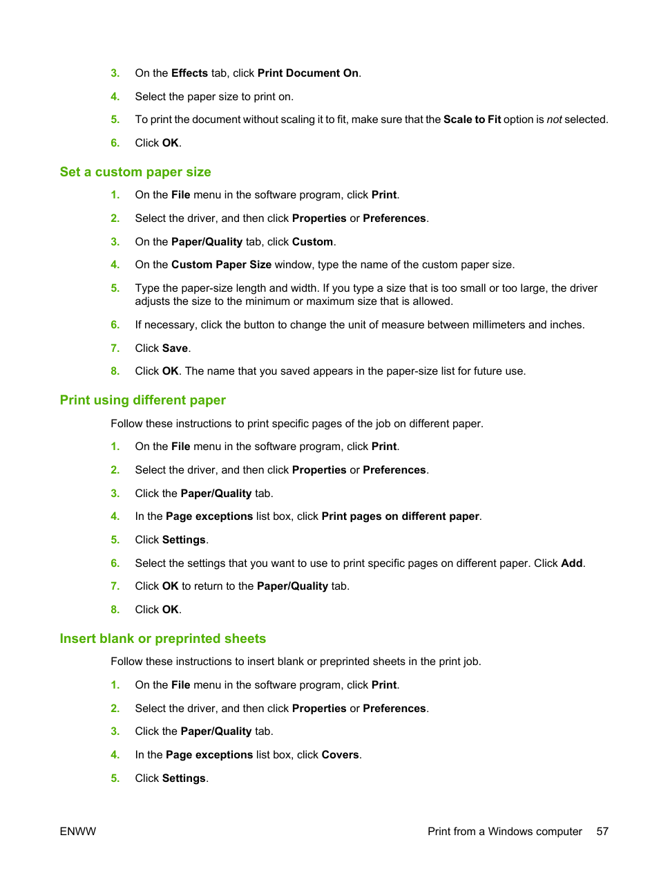 Set a custom paper size, Print using different paper, Insert blank or preprinted sheets | HP CM8000 Color Multifunction Printer series User Manual | Page 65 / 104
