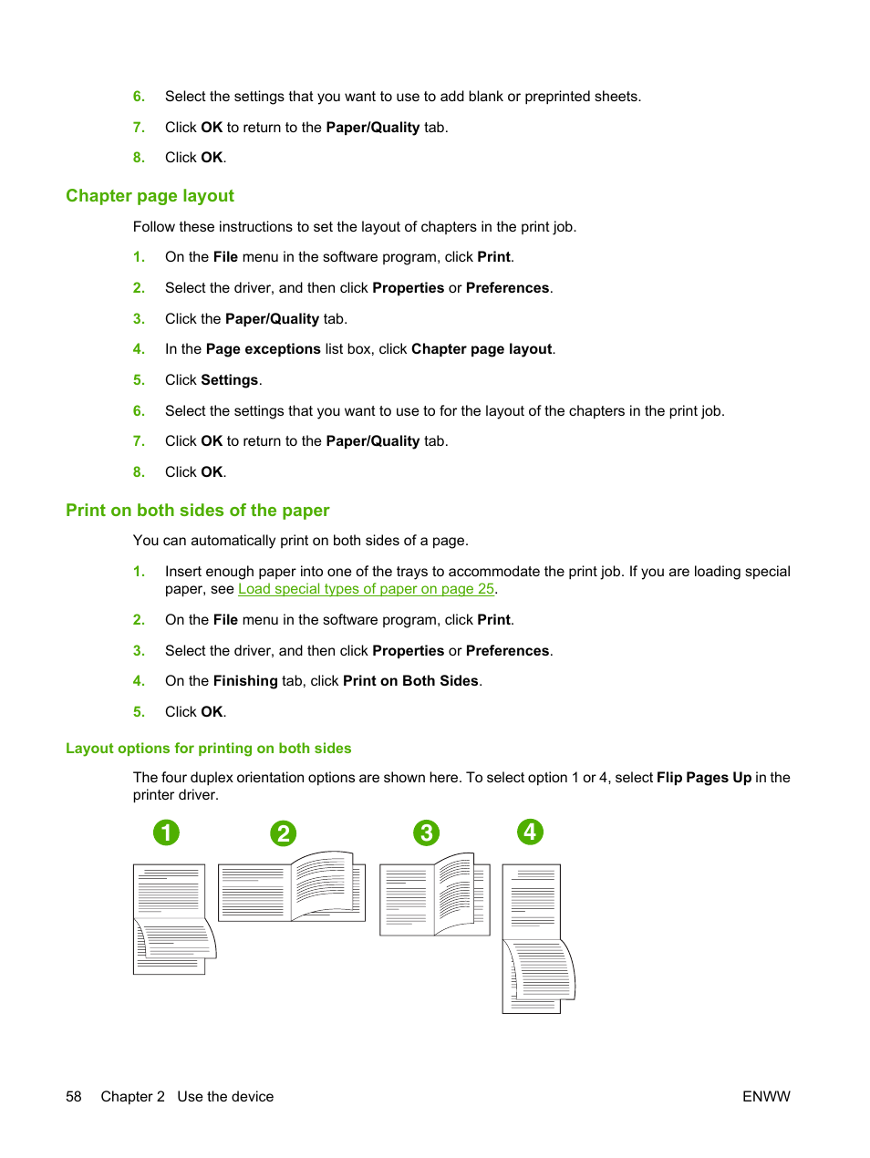 Print on both sides of the paper, Layout options for printing on both sides | HP CM8000 Color Multifunction Printer series User Manual | Page 66 / 104