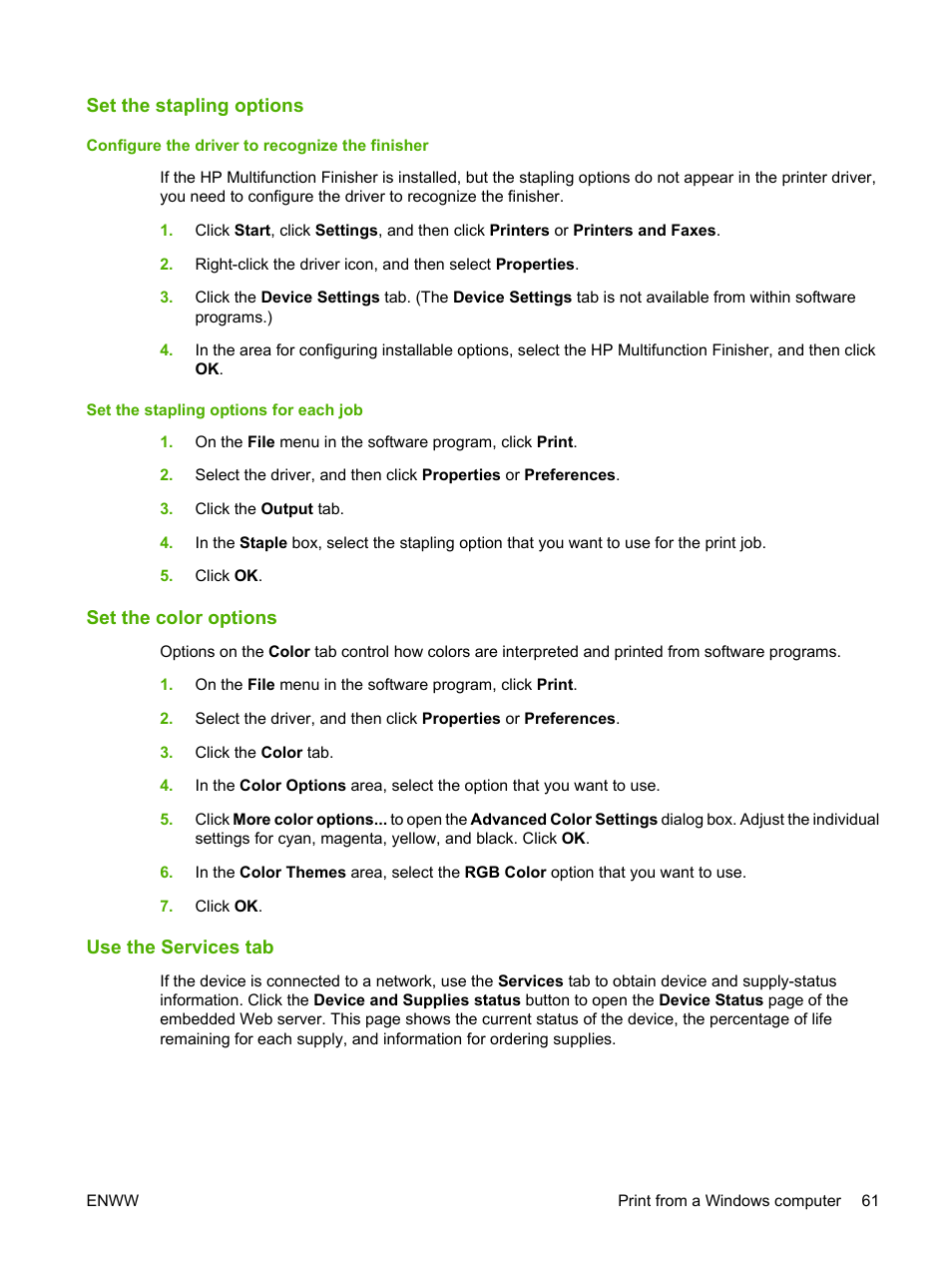 Set the stapling options, Set the color options, Use the services tab | HP CM8000 Color Multifunction Printer series User Manual | Page 69 / 104