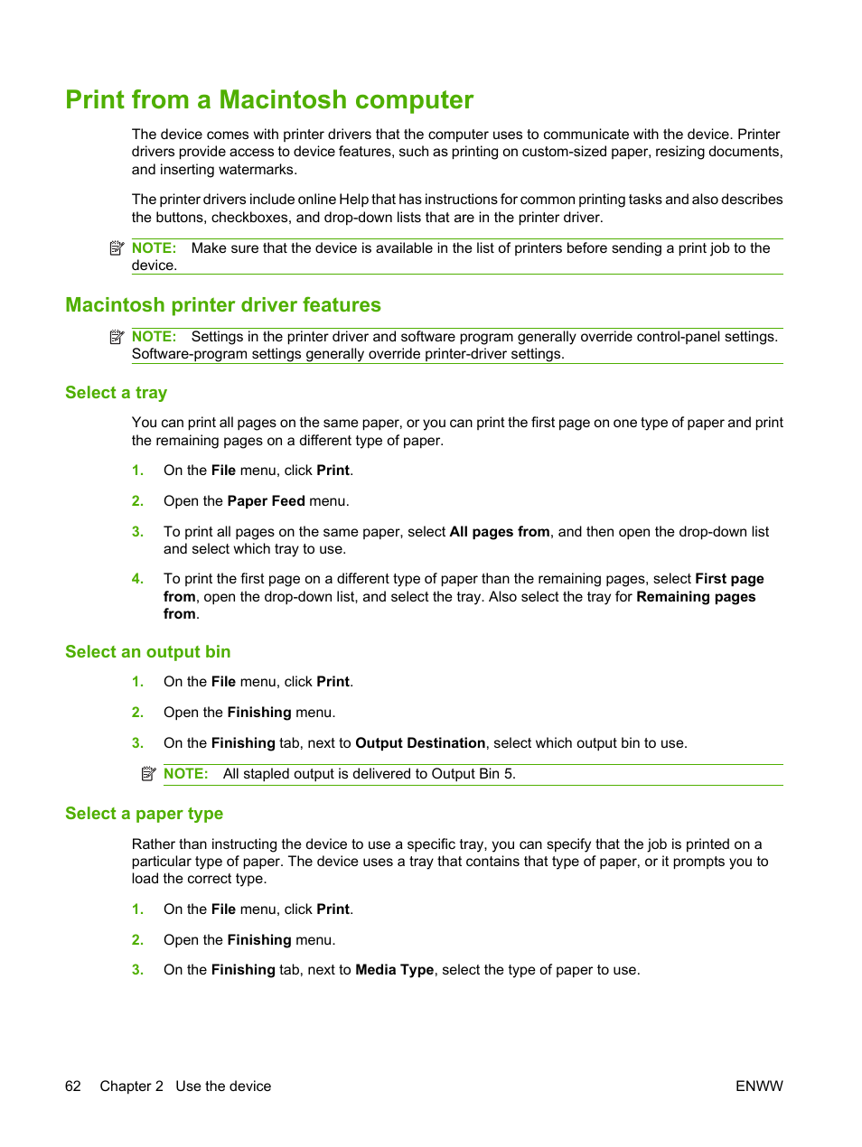 Print from a macintosh computer, Macintosh printer driver features, Select a tray | Select an output bin, Select a paper type | HP CM8000 Color Multifunction Printer series User Manual | Page 70 / 104