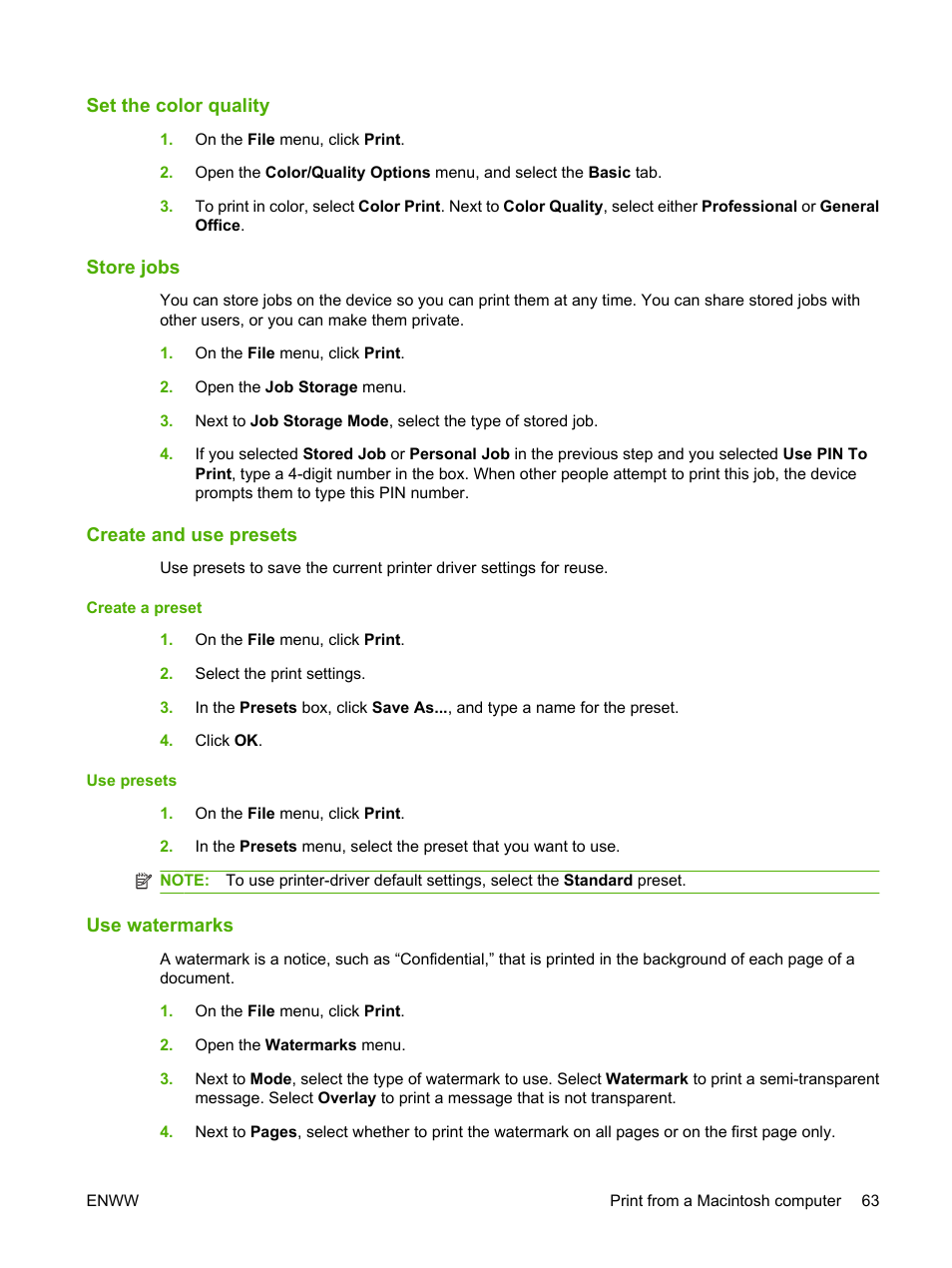 Set the color quality, Store jobs, Create and use presets | Use watermarks | HP CM8000 Color Multifunction Printer series User Manual | Page 71 / 104