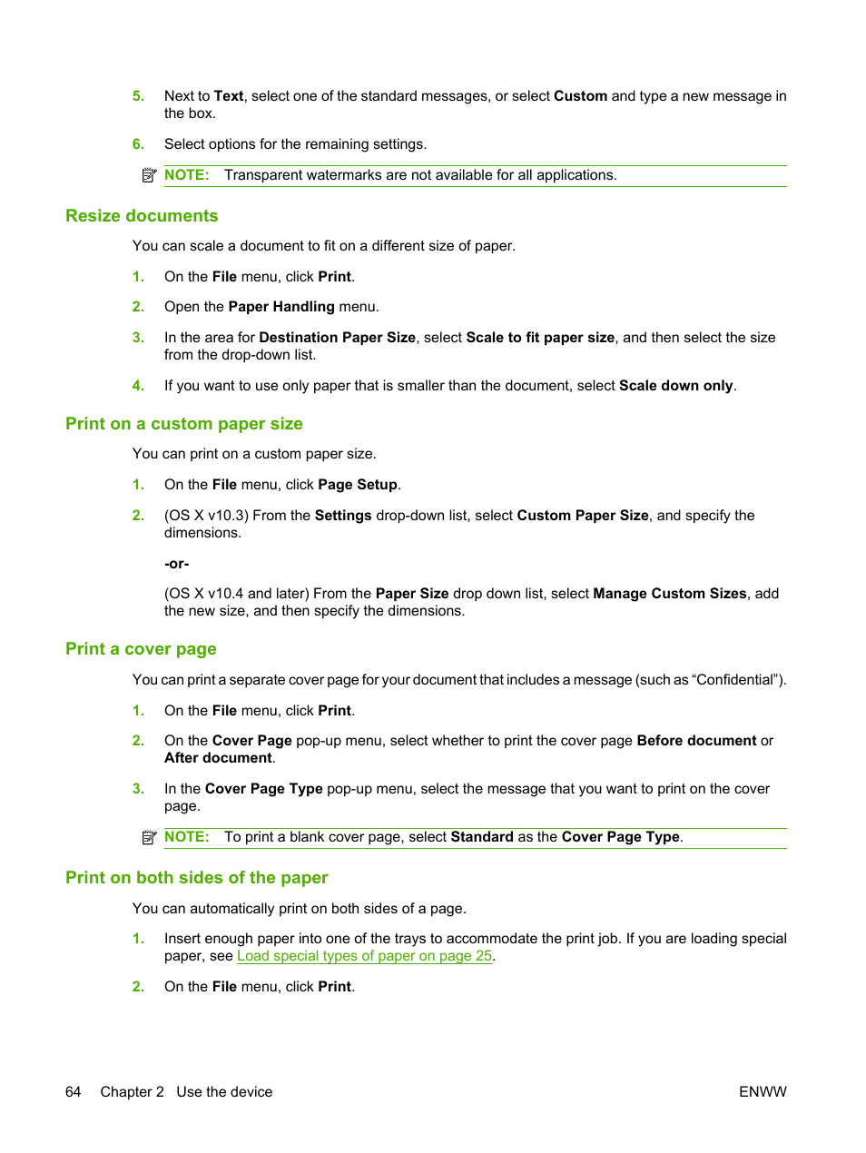 Resize documents, Print on a custom paper size, Print on both sides of the paper | HP CM8000 Color Multifunction Printer series User Manual | Page 72 / 104