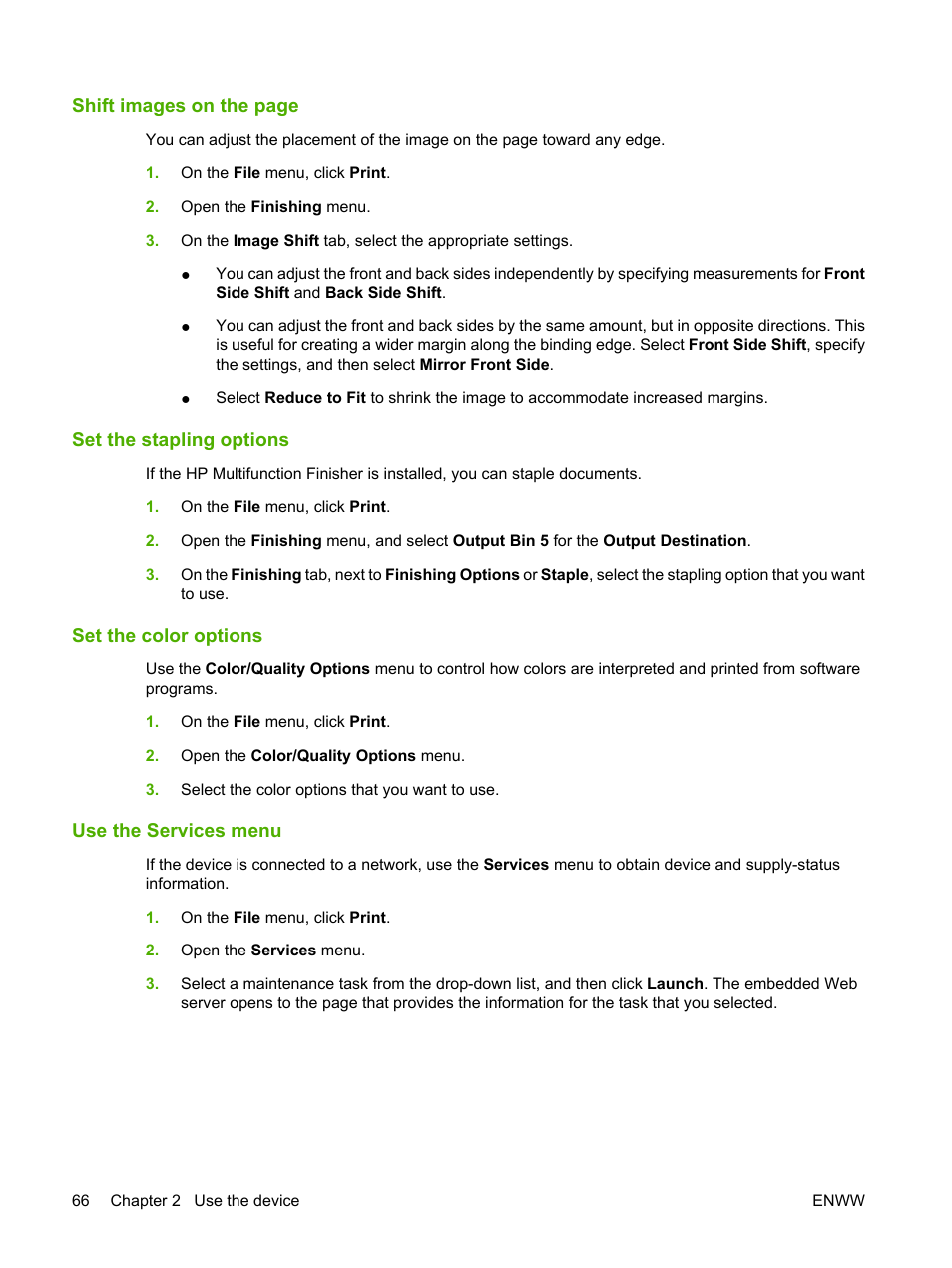 Set the stapling options, Set the color options, Use the services menu | HP CM8000 Color Multifunction Printer series User Manual | Page 74 / 104