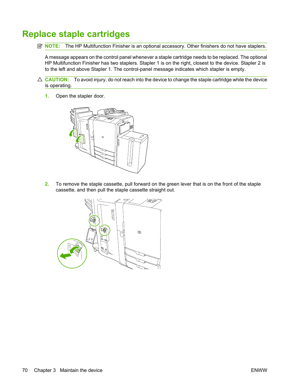 Replace staple cartridges | HP CM8000 Color Multifunction Printer series User Manual | Page 78 / 104